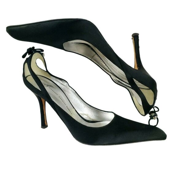 Giuseppe Zanotti Black Satin Dress Heels Lace Up Heel Rhinestone Ball Accent 37 - Picture 6 of 12